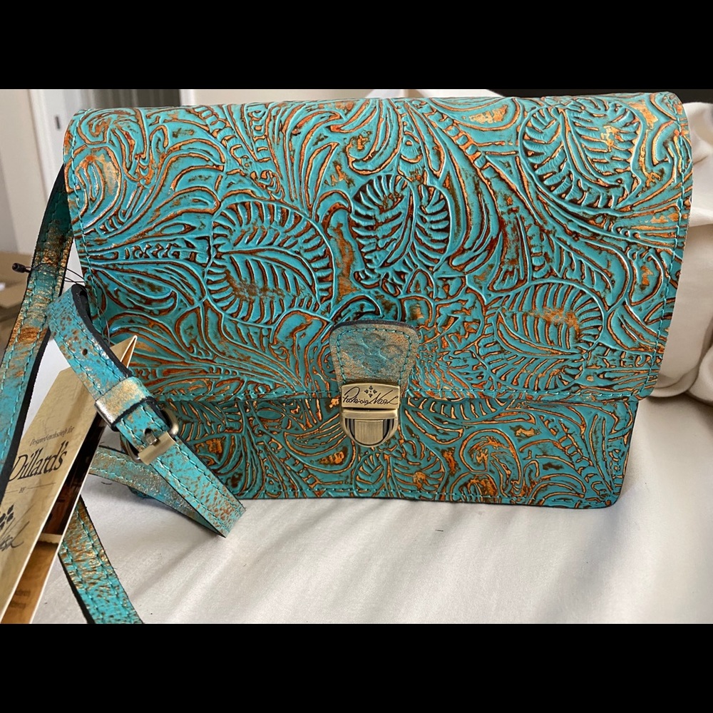 Patricia Nash Pastel Turquoise and Gold Embossed Crossbody Bag